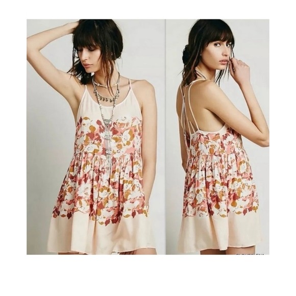 Free People Dresses & Skirts - Free People Intimately Floral Print Slip Dress Cream Pink Mini Spaghetti Strap